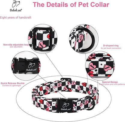 Valentines Dog Collar for Medium Dogs - Unique Black White Plaid Girl Boy Valentine Heart Dog Collars, Adjustable Heavy Duty Pet Collar with Metal Buckle M
