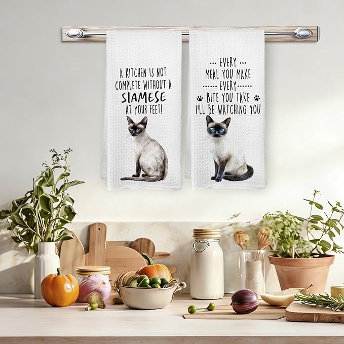 Funny Siamese Cat Kitchen Towels, Siamese Cat Mom Lady Lovers Gifts for Women Hand Towels, Gifts for Pet Lovers Dishcloths Dish Towel for Kitchen 16x24 Inches Set of 2