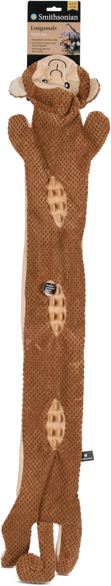Smithsonian Longamals Monkey Plush Dog Toy – 40" Crinkle & Squeaky, Stuffing-Free Interactive Tug Toy for Medium & Large Dogs