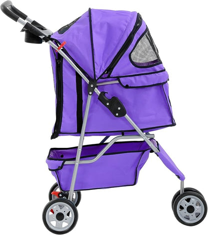Dkeli 3-Wheel Pet Stroller, Lightweight Foldable Dog Stroller for Small Medium Dogs & Cats, Breathable Mesh & Weather Cover with Storage Basket, for Daily Walk Outdoor Travel (Purple)