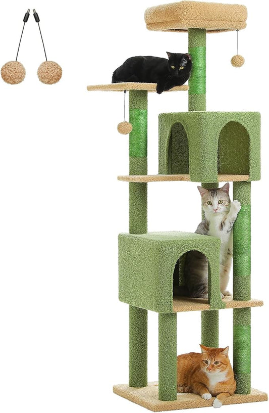 MUTTROS Cactus Cat Tree, 62-Inch Tall Multi-Level Cat Tower with Scratching Posts, Cat Condos for Large Indoor Cats, Plush Cat Bed w/Padded Perches, Scratching Pad & 2 Green Pompoms, Green