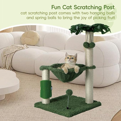 MECOOL Small Cat Tree Tower Scratching Post with Hammock for Indoor Kittens and Small Cats up to 7lb,Self-Massage Bursh Hanging Ball Toys,Monstera deliciosa Green