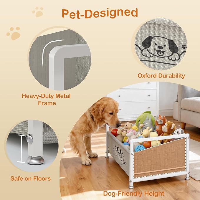 Dog Toy Basket for Storage, Metal Frame Oxford Fabric Pet Toy Organizer with Raised Legs, Large Capacity Dog Toy Bin with Front Low Opening, Washable and Durable Design