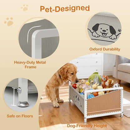 Dog Toy Basket for Storage, Metal Frame Oxford Fabric Pet Toy Organizer with Raised Legs, Large Capacity Dog Toy Bin with Front Low Opening, Washable and Durable Design