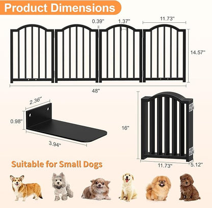 Snughome Short Dog Gate Indoor, 16" High Freestanding Small Dog Door Gate with Support Feet, Expands Up to 48’’ Wide Foldable Pet Gates for Doorway, 4 Panel Folding Pet Door Pet Fence for Puppy, Black