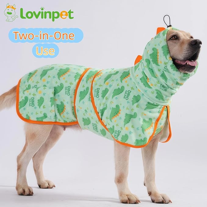 LovinPet 3‑in‑1 Dog Warm Winter Coat & Bathrobe, Hooded Dinosaur Fleece, Lightweight High‑Loft, Absorbent Knit, Quiet Hook‑and‑Loop, Wind‑Blocking Edges, Dog Robes for Medium & Large Dogs, Green,M