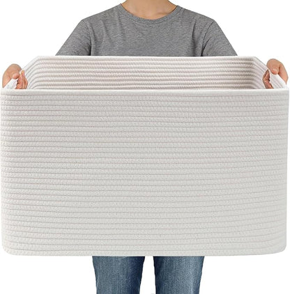 Woven Blanket Basket,65L Large Storage Bin for Blankets Toys Clothes,Decorative Rope Basket for Living Room Bedroom with Handles, White
