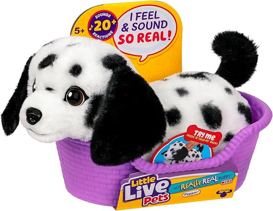 Little Live Pets My Really Real Puppy Mini Pepper The Dalmatian, Interactive Plush Toy with Basket, 20+ Sounds and Reactions, Puppy Toys for Kids