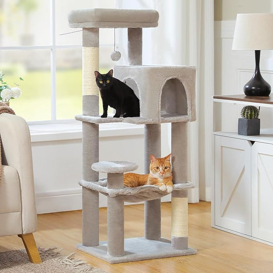 MUTTROS Cat Tree for Indoor Cats, 44.5" Multi-Level Cat Tower with Large Metal Frame Hammock, Cat Condo with 2 Scratching Posts and Top Perch for Small to Medium Cats, Grey