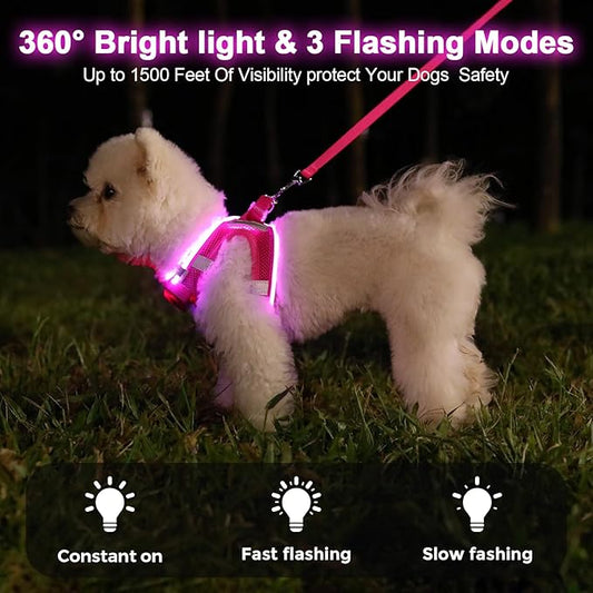 Light Up Dog Harness,Rechargeable LED Dog Harness for Small Medium Large Dogs,Reflective Lighted Safety Vest for Night Walking & Camping,Lightweight & Adjustable,Pink,L
