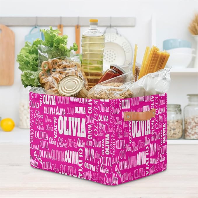 Personalized Foldable Storage Basket with Name, Laundry Hamper Dirty Clothes Pet Toys Storage Bin with Handles for Shelf Home Closet Kitchen, Deep Pink Color