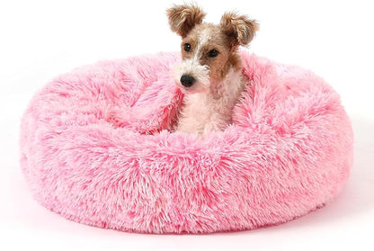 NOYAL Calming Dog Bed for Anxiety, Hooded Donut Cave with Blanket, Plush Fluffy Washable Pet Bed for Small Medium Dogs & Cats
