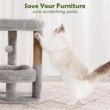 Cat Tree for Indoor Cats, 2-Tier Cat Tower with Padded Donut Beds, Stable Structure, Sisal Scratching Posts & Hanging Ball Toy, Modern Cat Furniture (Light Grey)