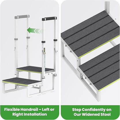 RV Steps with Handrail (26"-38"), Dual-Side Setup, Portable 2-Step RV Stairs with Wide Anti-Slip Mats, Ideal for RVs, Porches, Hot Tubs, Pools, and Pets