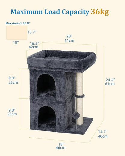 Aechonow Cat Tree for Large Cat, 19 * 16.5In Large Cat Perch, Adult Cat Tower for Indoor Cats with 24In Long Scratching Post, 2 Cozy Cat Condo House for Adult & Fat Cats, Dark Gray