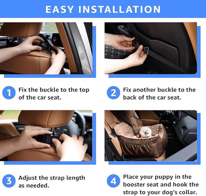 Dog Car Seat for Small Dogs, Washable Pet Booster Seats with Clip-On Safety Leash, Comfy Deluxe Plush Carseat with Storage Pockets, Puppy Car Travel Carrier Bed for Dogs Under 25 lbs, Brown
