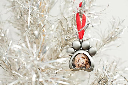 Pearhead Pawprint Photo Ornament, Dog or Cat Christmas Tree Decoration, Pet Memorial Keepsake Picture Frame, Classic Holiday Home Decor, Silver Metal