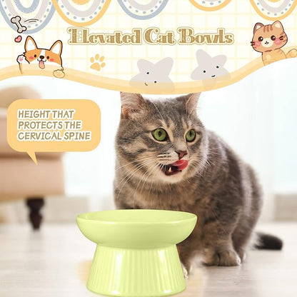 Layhit 2 Pack Raised Slow Feeder Cat Bowls Ceramic Elevated Cat Food Bowls Anti Vomiting Slow Feeder for Dog and Kitten for Dry and Wet Food(Green, Pink)