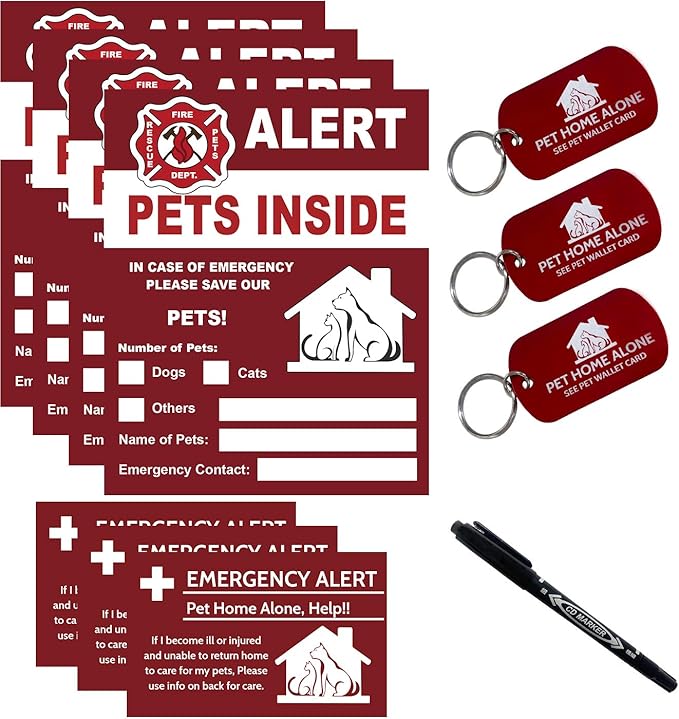 Pets Alert Sticker - Safety Alert for Pets Inside - 4 Pack with Wallet Card & Key Tag