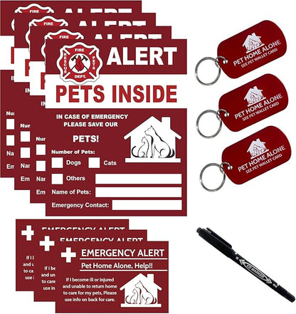 Pets Alert Sticker - Safety Alert for Pets Inside - 4 Pack with Wallet Card & Key Tag