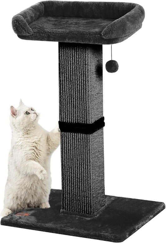 Karolpar 32" Cat Scratching Post for Indoor Cats, Sisal Cat Scratcher with Plush Perch, Large Scratch Post with Bed, Removable Cover, Sisal Fabric,Black