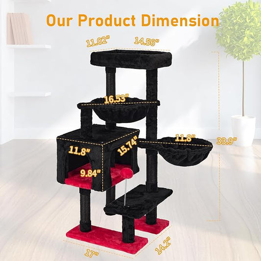 KIYUMI Cat Tree Cat Tower Condo with Sisal Scratching Post for Indoor Cats Cat Tree Cat Furniture with Hammock Perch and Kitten Ball Toys, Multi-Level Pet Activity Center,RedBlack