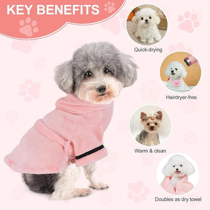 Bathrobe for Teacup Dogs, Dog Bath Robe, Dog Towel Robe, Hooded Dogs Bathrobe Towel Quick Drying and Super Absorbent Bath Towel with Belt(Pink)