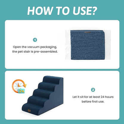 Wide Dog Stairs for Small Dog 22.6" H, Curved Pet Step for Puppy, Older Cat, Curved Ramp for High Bed or Car, Ladder with High Density Foam, Durable, 5 Step, 17.7x33x22.6 inch, Navy Blue