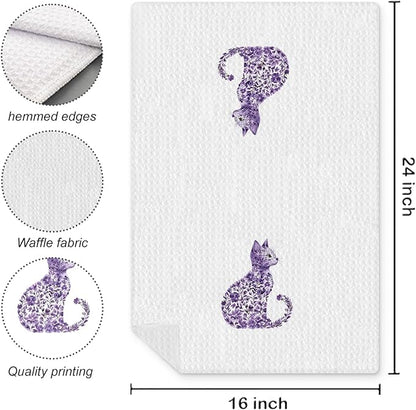 Purple Floral Cat Kitchen Towels, Cat Lovers Mom Lady Gifts Hand Towels for Bathroom, Kitty Kitten Dish Tea Towels for Kitchen Decor, 16x24 Inch