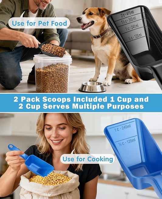 2-Pack Dog Food Scoop Set,1 Cup and 2 Cup Plastic Pet Food Measuring Scoops with Clear Measurement Lines,Multi-Purpose Pet Food Scooper for Dogs, Cats (Blue and Black)