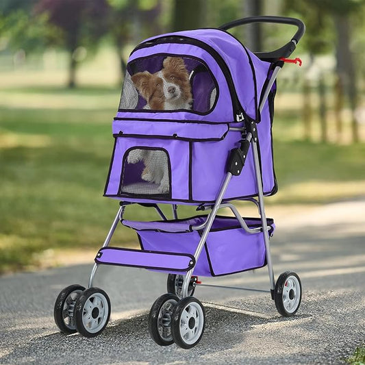 4 Wheels Dog Stroller, Foldable Pet Stroller for Small Medium Dogs, Portable Breathable Cat Stroller Dog Strollers with Storage Basket, Cup Holders, Removable Liner for Travel & Outdoor Use, Purple
