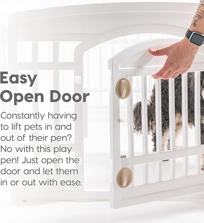 IRIS USA 24" Dog Playpen 8-Panel Pet Exercise Pen with Door Gate 83.5x83.5x24 Puppy Play Pen Indoor Outdoor Plastic Foldable Portable Pet Fence for Small Medium Dogs Puppies Multiple Pets White