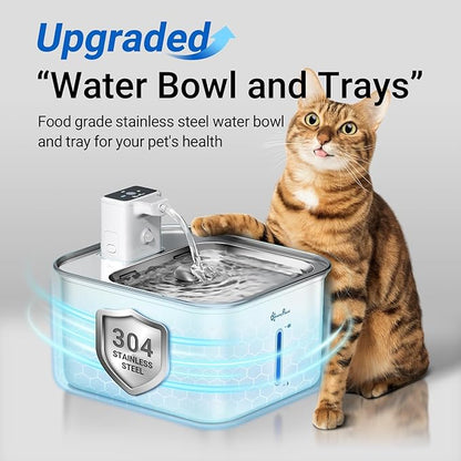 DownyPaws Cat Water Fountain Stainless Steel Wireless, 101 oz/3L FurSink Cordless Water Fountain for Cats, Battery Operated Cat Fountains for Drinking with Motion Sensor, Easy Clean, White