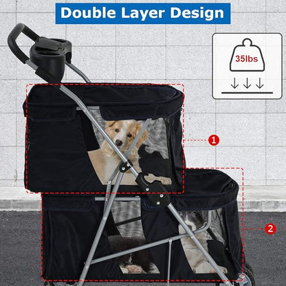 HKLGorg Double Pet Stroller Dog Stroller for 2 Dogs Cats, Foldable Pet Stroller Cat Stroller with 4 Wheels & Soft Pad for Medium Small Dogs Cats Travel Camping Crate Waterproof Folding Stroller(Black)
