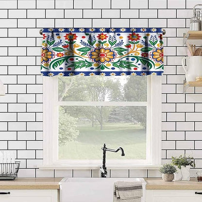 Mexico Valance Curtains Rustic Ethnic Style Dia De Los Muertos Culture Pattern Window Treatment Valances Short Curtains Rod Pocket Drape for Dining Room Home Kitchen Decor, 54x18inch
