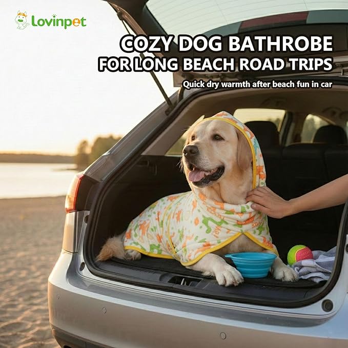 LovinPet 3‑in‑1 Dog Warm Winter Coat & Bathrobe, Hooded Dinosaur Fleece, Lightweight High‑Loft, Absorbent Knit, Quiet Hook‑and‑Loop, Wind‑Blocking Edges, Dog Robes for Medium & Large Dogs, Yellow,L