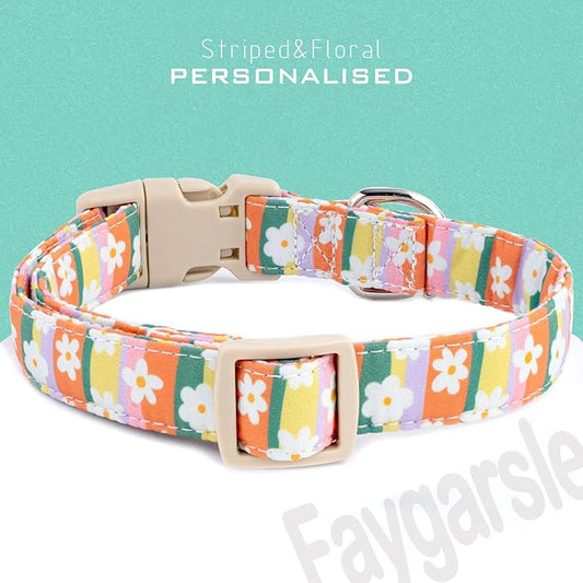 Faygarsle Colorful Floral Dog Collar, Cotton Fabric with Daisy Pattern, Multi-Color Stripes Spring Summer Design for Small Medium Large Dogs XS