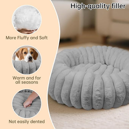 Donut Dog and Cat Bed, Luxurious Comfortable Faux Rabbit Fur Pet Beds, Round Anti-Anxiety Calming Puppy Kitten Bed with Anti-Slip Bottom for Small Medium Dogs & Cats(31", Grey)