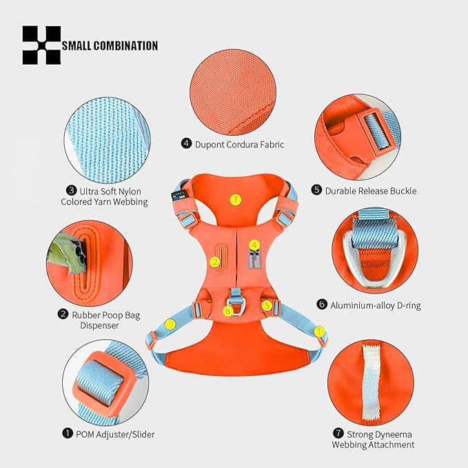 Lightweight Dog Harness, Large to Very Large Breeds, Adjustable Fit.Pet Harness with Pocket, Dog Training Harness for Outdoor Walking Running, Hiking (Orange, XS)