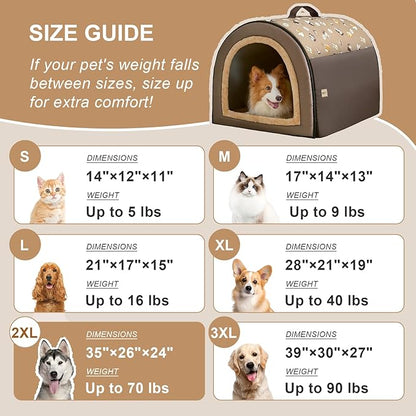 Jiupety 2 in 1 Dog House Indoor, Comfy Cave Bed Covered Dog Bed, Portable House for Medium and Large Dogs, 2XL(35"×27"×26"), Up to 70 Lb, Brown
