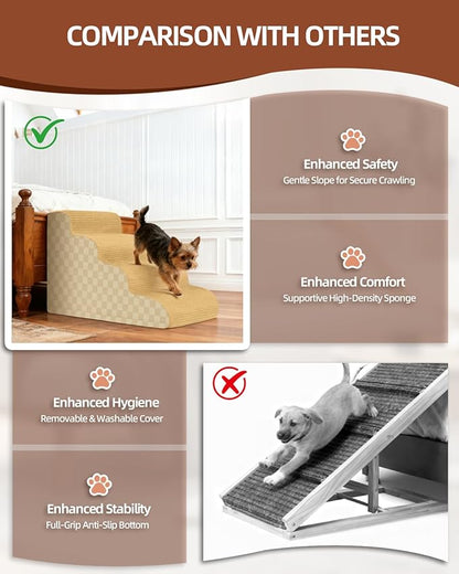 Dog Stairs Ramp for Couch 15.7”H, 3-Step Pet Stairs for Small Dogs with High Density Foam, Dog Slope Stairs with Durable Non-Slip Bottom for Puppy Khaki