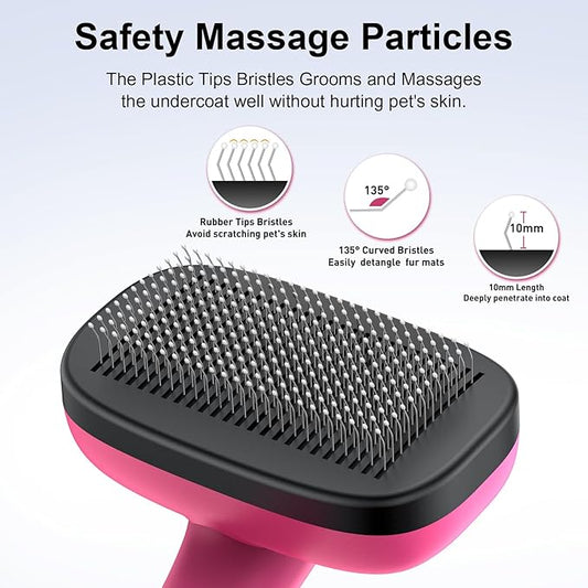 Self Cleaning Slicker Brush for Dog, Cat, Skin Friendly Shedding & Grooming Tool for Long and Short Haired Pets, Easy Clean Retractable Bristles, Pink