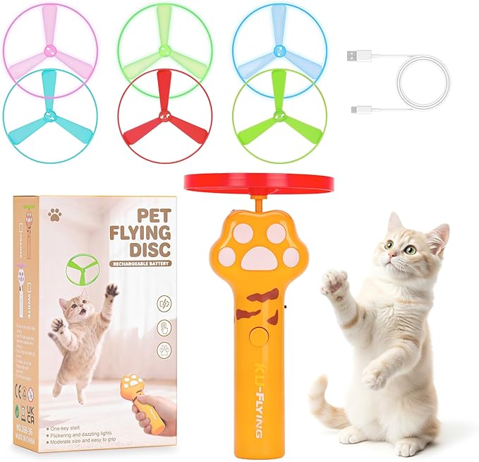 Cat Fetch Toy, Rechargeable Flying Disc Launcher with 6 Flying Discs, Cat Interactive Hunting Toys for Outdoor & Indoor (Yellow)