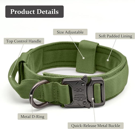 Tactical Dog Collar, Adjustable Military Training Nylon Dog Collar with Control Handle and Heavy Quick-Release Metal Buckle for Small Medium Large Dogs, Green S