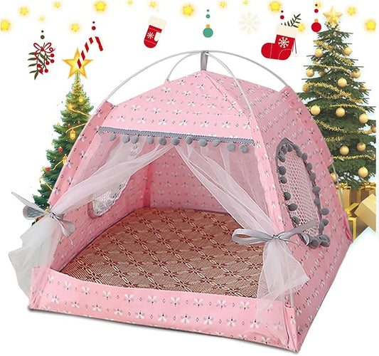 Gigreinc Cat Princess Indoor Tent House Pet Dog Cute Floral Cave Nest Bed Portable Dog Tents (L:48x48x46cm/18.8x18.8x18inch, Floral Pink)
