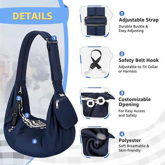 SlowTon Dog Carrier Sling - Thick Padded Shoulder Strap Adjustable Dog Carriers for Small Dogs, Puppy Carrier Purse for Pet Cat with Front Zipper Pocket Safety Belt Machine Washable (DBL, M)