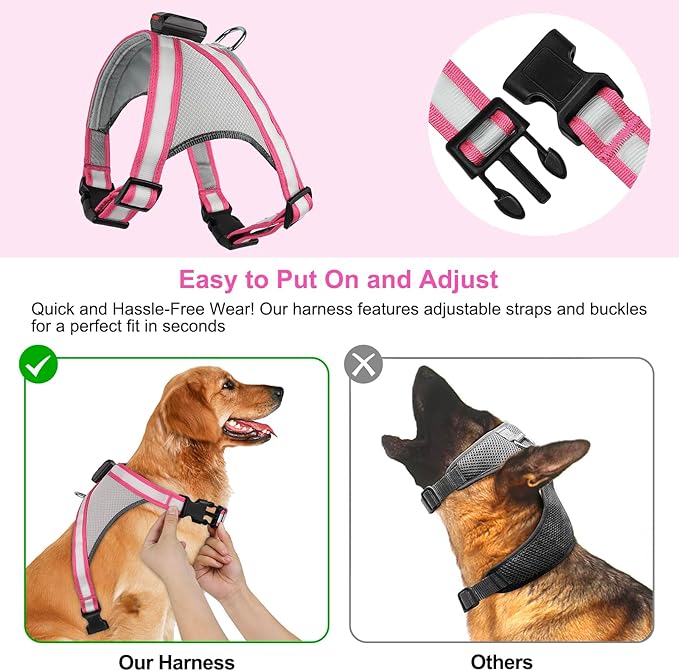 Visinite LED Dog Harness, USB Rechargeable Light Up Dog Vest, 2 Illuminate Modes Glow in The Dark Dog Harness, Adjustable Lighted Pet Harness Light for Night Walking Safety (Pink, L)