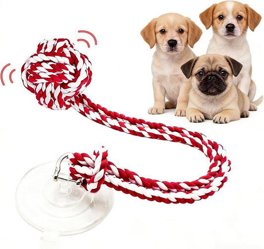 Interactive Dog Toys, Gel Suction Cup Design, Cotton Rope Ball with Built-in Bell, Puppy Teething Toys, Tug of War Dog Toy, Dog Puzzle Toy for Small Dogs, Red & White