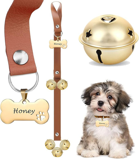 Leather Dog Bells, Puppy Potty Training Bell Dog Doorbell Potty Train Dog Bell for Potty Training Door Bells for Dogs to Ring to Go Outside Jingle Bells (Leather Brown, Bone 1 PCS)