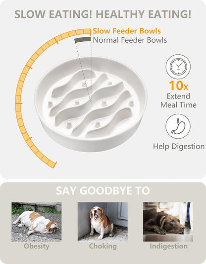 Ceramic Slow Feeder Dog Bowls for Medium and Large Dogs, 2.0 Cups Dog Slow Feeder for Fast Eater, 30oz, 8in, White